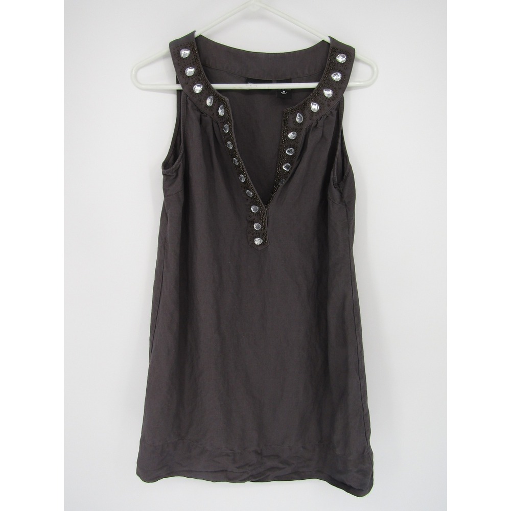New York & Company Mini Dress sz. M Gray Beaded Rhinestone Linen Blend V-Neck